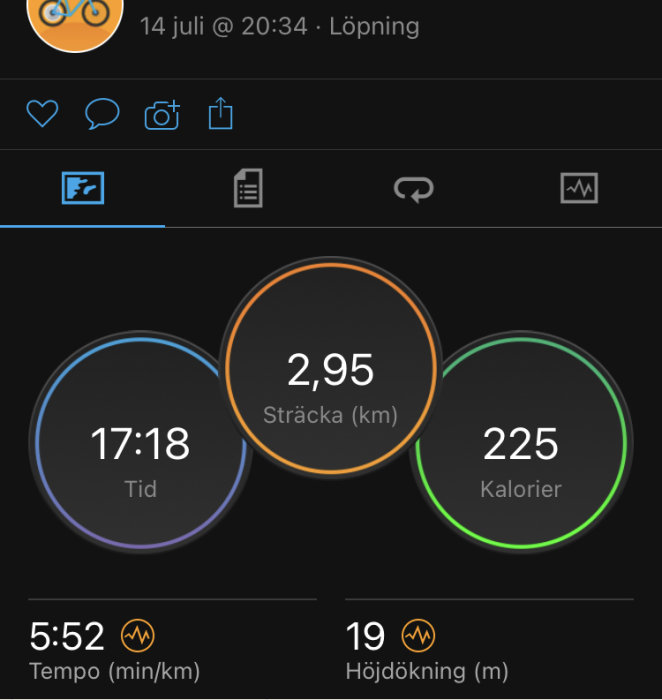 Skärmavbildning av fitnessapp som visar löpstatistik: sträcka 2,95 km, tid 17:18, kalorier 225, tempo 5:52 min/km, höjdökning 19 m.