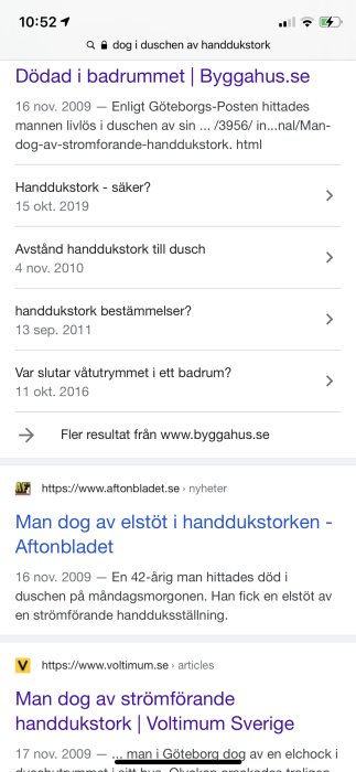 Skärmdump av sökresultat om faror med handdukstorkar relaterade till en dödsolycka i duschen.