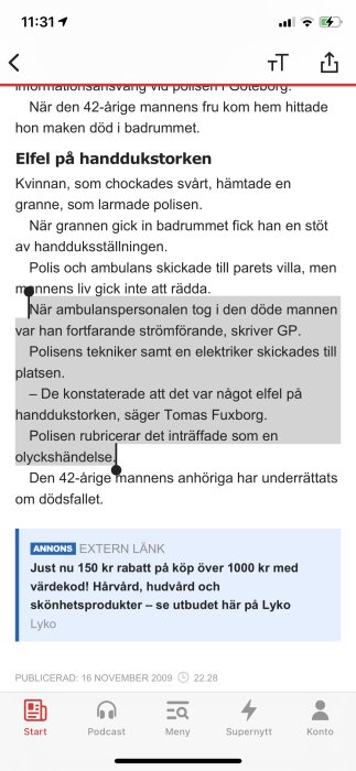 Skärmdump från Aftonbladet artikel om en olycka med en handdukstork.