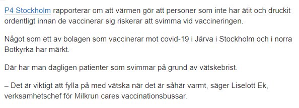 Textutdrag från P4 Stockholm om risk för svimning efter vaccination i värme och vikten av vätskeintag.