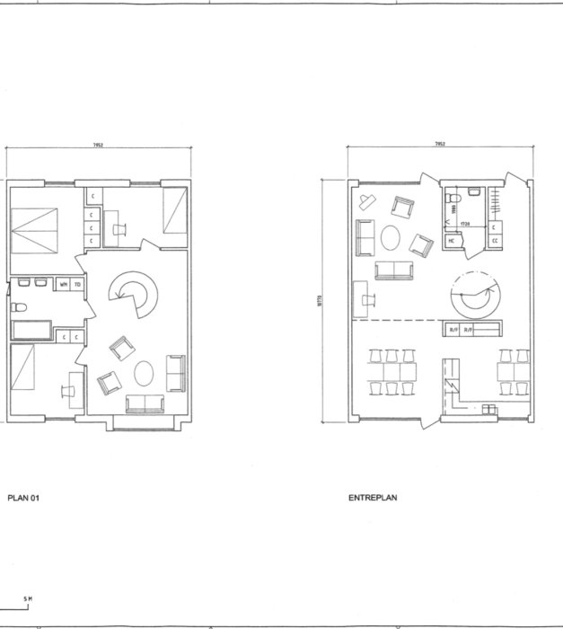 Ritningar över en bostad före och efter renovering, den nya planlösningen visar borttagen vägg.