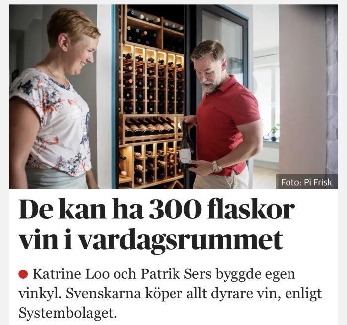 Två personer tittar på en vinsamling i ett vardagsrumsvinrum med hyllor fulla av vinflaskor.