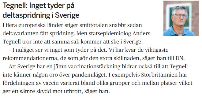 Artikelutdrag om smittspridning med bild på Anders Tegnell, statsepidemiolog, vid sidan av texten.