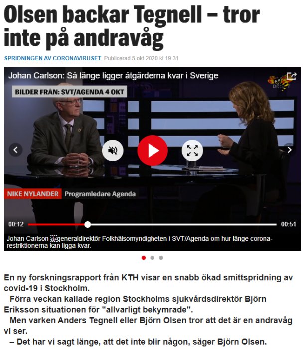 Skärmdump av en nyhetsintervju med en man sittande och en kvinnlig intervjuare stående bredvid med text och play-knapp.
