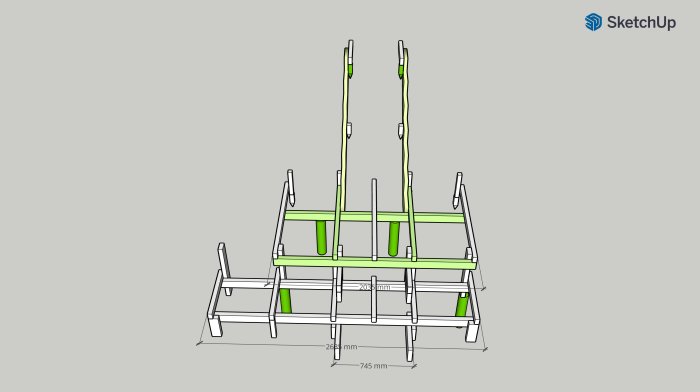 Skiss i SketchUp som visar designen av en trappa med plintar och mätningar, innehåller gröna markerade delar som är byggda.