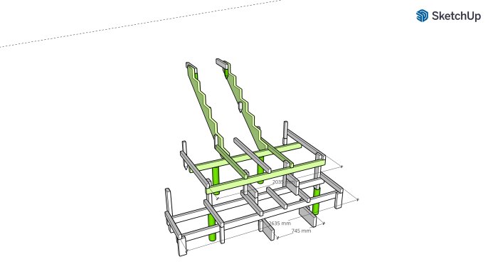 3D-modell av en trätrappa med viloplan och stödkonstruktion, inklusive måttangivelser.