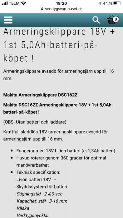 Skärmdump av en webbsida som visar en Makita armeringsklippare 18V och dess tekniska specifikationer.