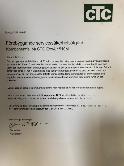 Brev från CTC med datum och rubrik om förebyggande service/åtgärd, gällande komponentfel på CTC EcoAir 510M värmepump.