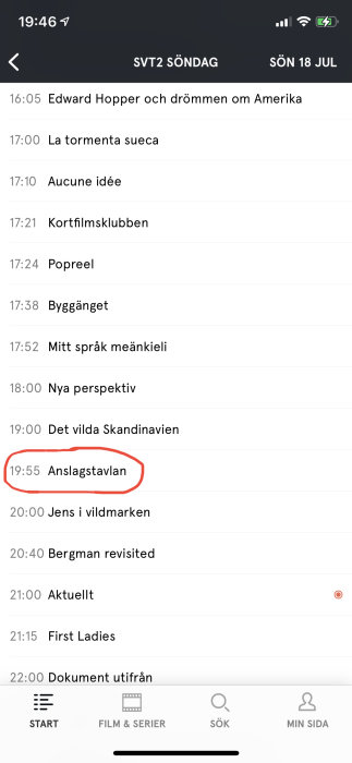 TV-tablå för SVT2 med tider och programnamn, markerat vid "Anslagstavlan" kl. 19:55.
