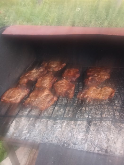 Grillat kött på gallret i en öppen grill med glödande kol under.