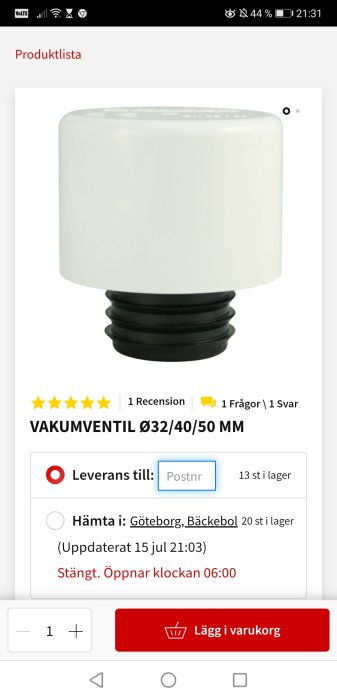 Vit vakuumventil på en svart bas, visas på en produktsida med text och lagersaldo.