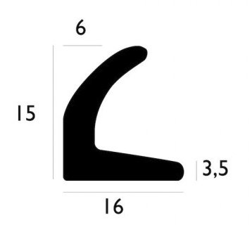 Svart silhuett av en tätningslist med måttangivelser 15, 6, och 3,5 centimeter.