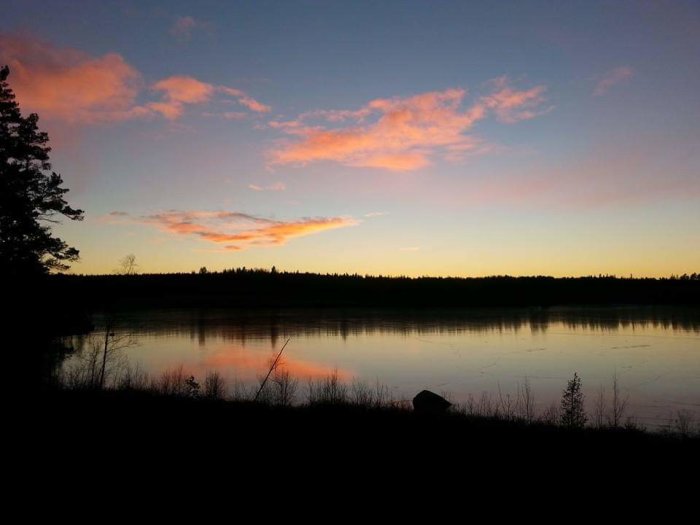 Solnedgång med rosa moln över stilla Ölsjön i Fanthyttan, omgiven av skog.