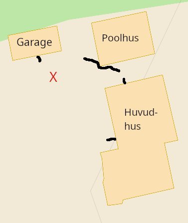 Skiss över tomt med garage, poolhus, huvudhus, och markerade kablar samt plats för lyktstolpe indikerad med ett rött kryss.