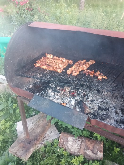 Grill med sönderfallande kycklingspett mot en bakgrund av gröna växter.