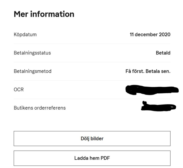 Skärmdump av Köpinfo med datum och betalstatus, OCR och orderreferens suddade.