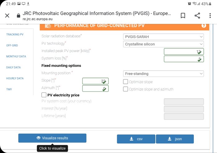 Skärmdump av JRC Photovoltaic Geographical Information System för att beräkna solenergianläggningars prestanda.