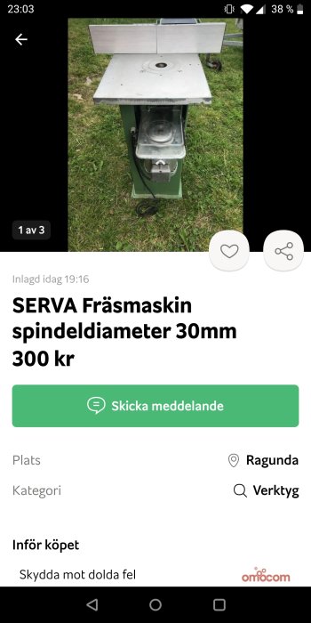 Grön och silverfärgad SERVA fräsmaskin på gräs med spindeldiameter 30mm till försäljning för 300 kr.