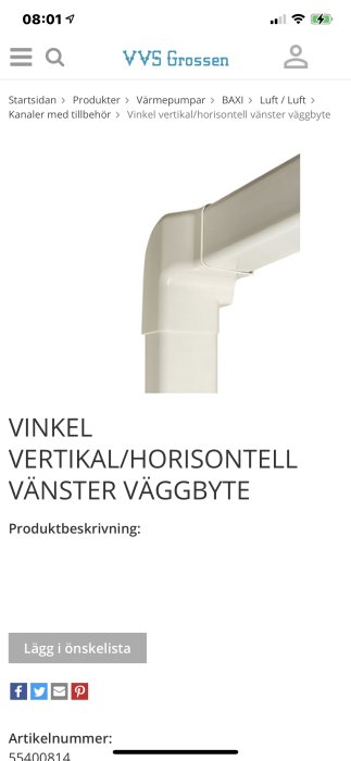 Vit vinkel för vertikal/horisontell vänster väggbyte inom VVS, avsedd för byggprojekt.