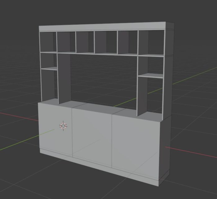 3D-modell av en platsbyggd bokhylla bestående av tre ihopkopplade skåpssektioner.