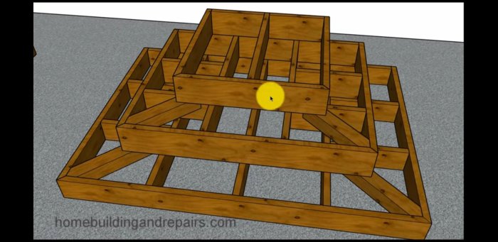 3D-modell av en trätrappa med fem steg och bärlinor.