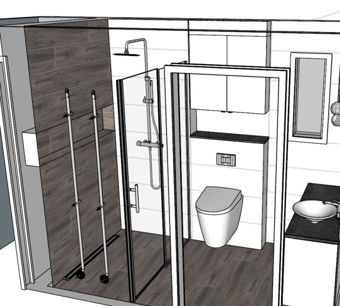 3D-ritning av ett litet badrum med dusch, handdukstork, toalett och handfat.
