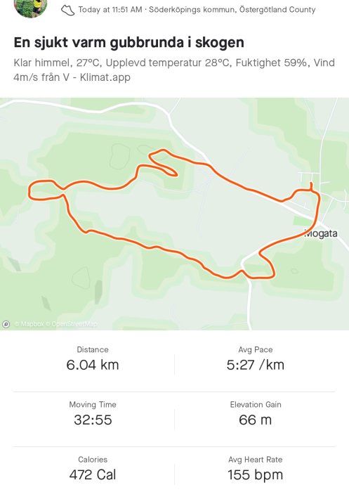 Skärmklipp av löparkartapp som visar en 6.04 km löprunda med statistik såsom tid, tempo, höjdförändring och hjärtfrekvens.