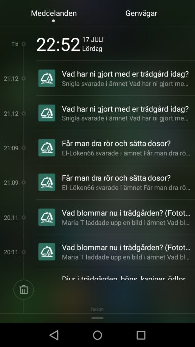 Skärmdump av mobilnotiser med dubbla meddelanden från ett forum om byggprojekt.