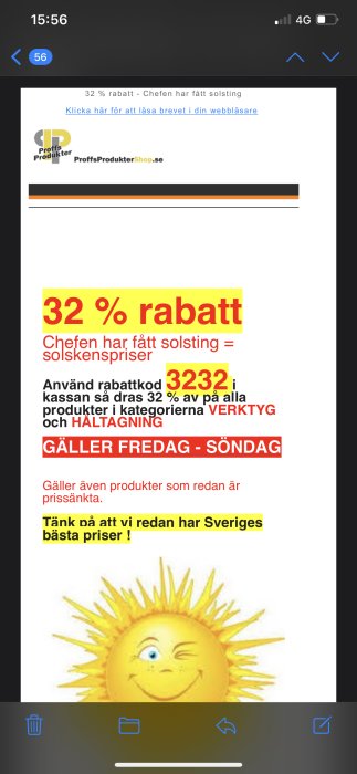 Reklam för 32% rabatt på verktyg och håltagning hos ProffsProdukterShop med sol-tema och rabattkod.