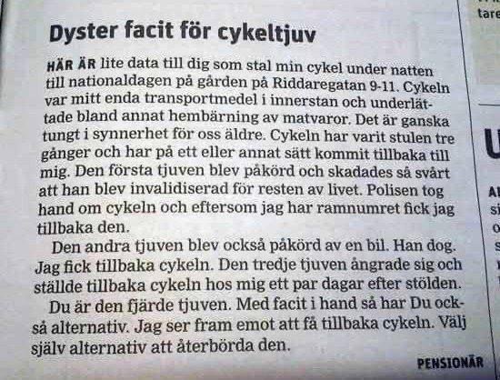 Tidningsurklipp med en insändare som berättar om hur deras stulna cykel resulterade i dåliga öden för tjuvarna och en uppmaning till den fjärde tjuven att återlämna cykeln.