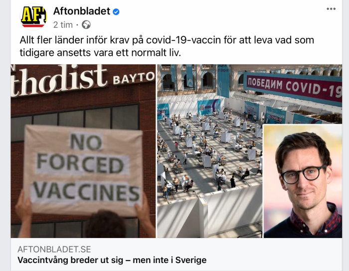 Montage med tre bilder: en protestskylt "NO FORCED VACCINES", en vaccinationslokal full med människor, och en manlig journalist.