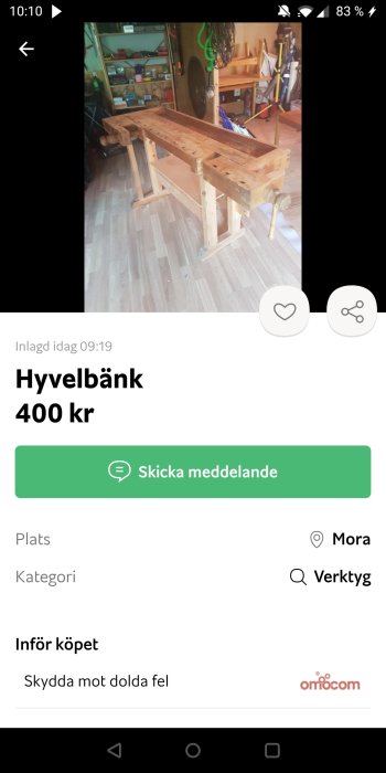 Använd trähyvelbänk i verkstadsmiljö säljes.