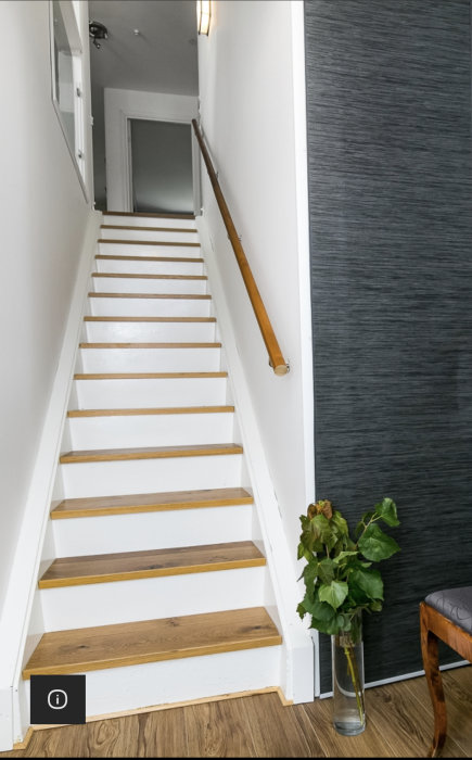 Trappa i en lägenhet med parkett på stegen, eklist i framkant och vitmålade sidor.