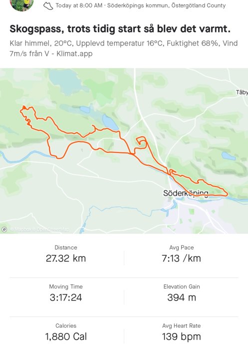 Karta med löprunda på 27,32 km, tid 3:17:24, kaloriförbrukning 1,880 Cal, i närheten av Söderköping.