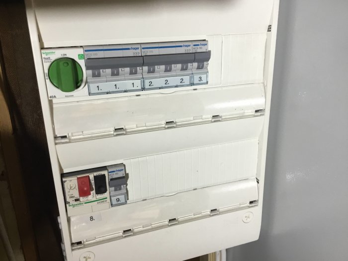 Elcentral med brytare märkta Schneider och motorskydd från Telemecanique, även det med Schneider-etikett.