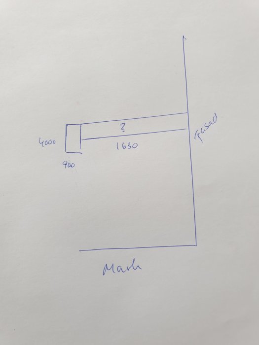 Handritad skiss som visar mått för balkongkonstruktion med dimensioner 1630mm och 8000mm markerade.