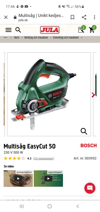 Grön Bosch EasyCut 50 multisåg på webbsida med produktdetaljer och kundrecensioner.