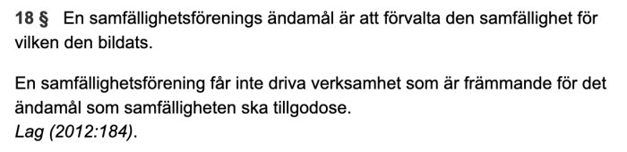 Textutdrag från lag som beskriver en samfällighetsförenings ändamål och förvaltningsområde.