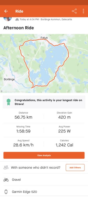 Skärmupptagning av en cykeltur registrerad på Strava-appen som visar distans, tid och rutt mellan Borlänge och Falun i Sverige.