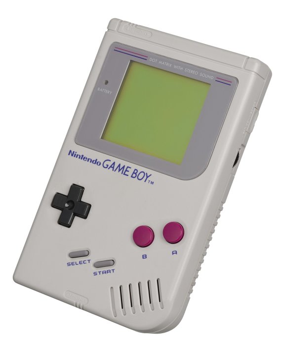 Nintendo Game Boy, klassisk bärbar spelkonsol, framifrån på vit bakgrund.