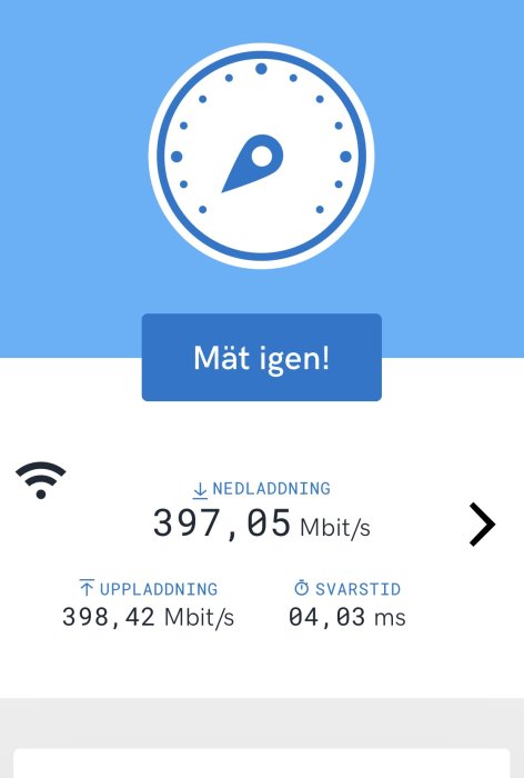 Skärmbild på hastighetstest som visar en nedladdningshastighet på 397,05 Mbit/s och en uppladdningshastighet på 398,42 Mbit/s.