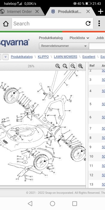 Exploded view diagram showing the disassembled parts of a lawnmower.