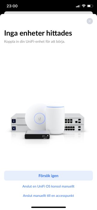 Skärm med meddelandet "Inga enheter hittades" och illustration av nätverksprodukter från UniFi.