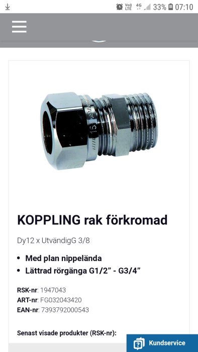 Förkromad rak klämringskoppling med plan nippelända och rörgänga för kökskrananslutning.