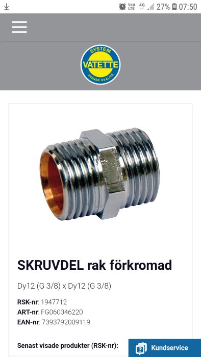 Förkromad klämringskoppling med plan nippelända för kökskranens mjukslangar, RSK nr 1947043.