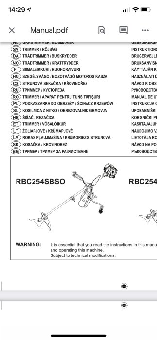Manual för en Ryobi trimmer/röjsåg med modellnummer och varningsmeddelande.