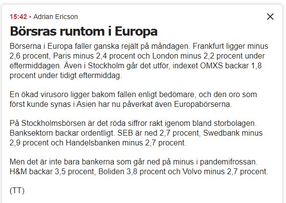 Skärmdump av en nyhetsartikel om fallande börskurser i Europa på grund av ökad oro för smittspridning.