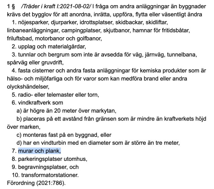 Utdrag ur lagtext med olika anläggningstyper som kräver bygglov, inklusive murar och plank.