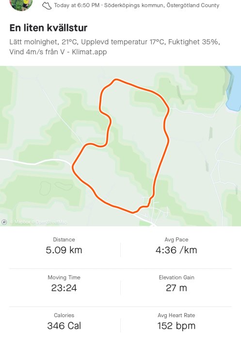 Skärmdump av träningsapp med karta som visar en 5.09 km löprunda och träningsstatistik såsom tid och kaloriförbrukning.