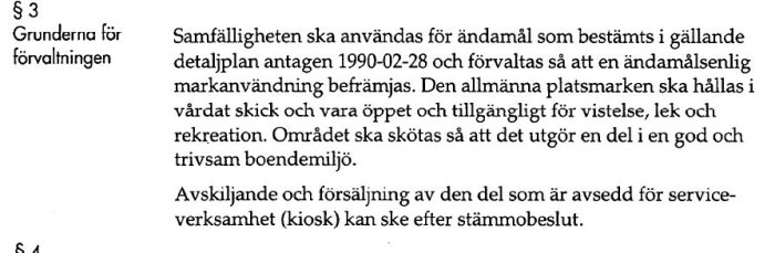 Utdrag från dokument som beskriver användningen av samfällighet för serviceverksamhet såsom kiosk.
